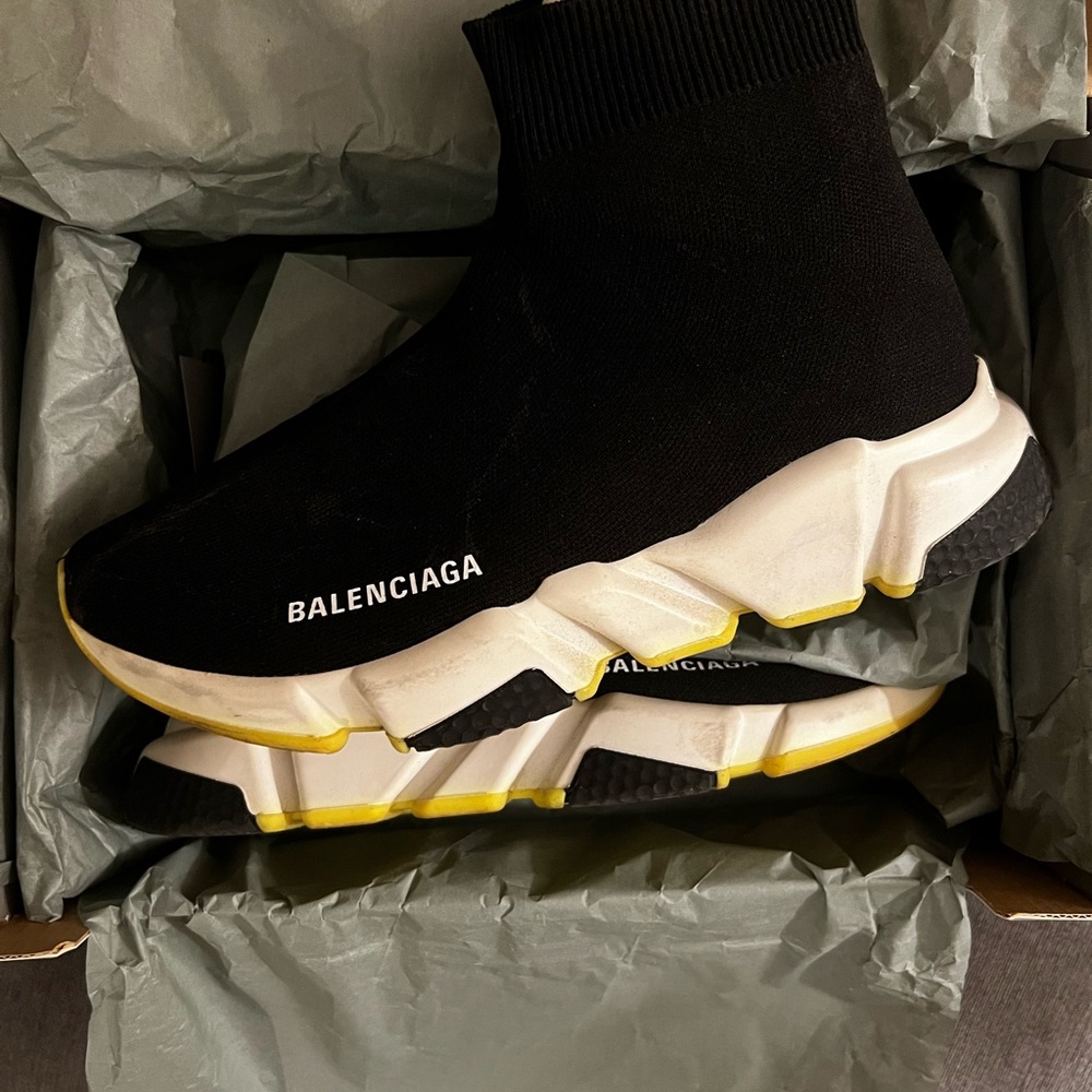 Balenciaga Black and White Speed Sneakers with Yellow Trim